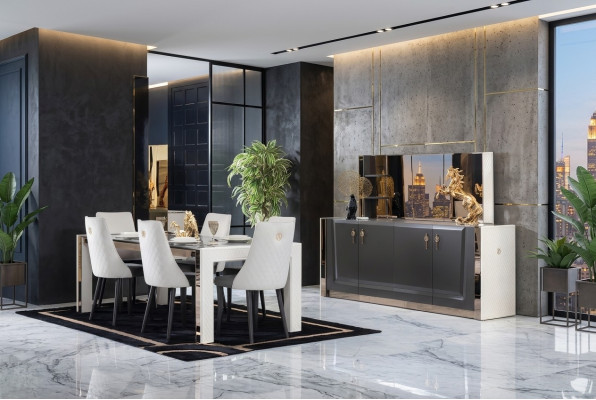 Esszimmer Garnitur Tisch 6x Stuhl Kommode Spiegel Italienischer Stil Gruppe Neu