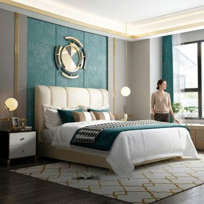 Luxus Bett Schlafzimmer Italienisches Leder Doppel Betten Metall Design