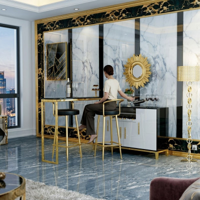 Luxus Edelstahl Glas Haus Bar 4 tlg. Garnitur Bartisch 2x Barhocker Schrank