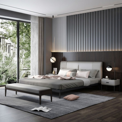 Luxus Design Leder Bett Metall Gold Betten Polster Hotel 180x200cm Grau