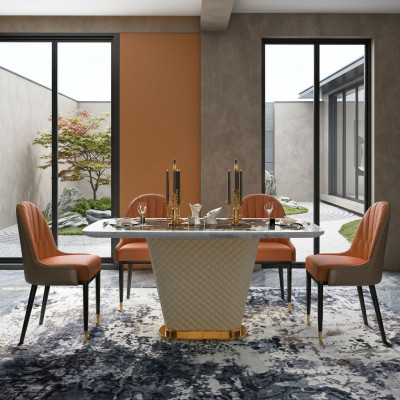 Luxus Esstisch Leder + Edelstahl Marmor Imitation Stein Tisch Esszimmer