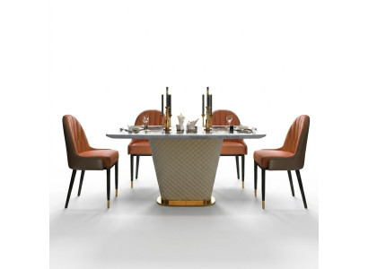Luxus Esstisch Leder + Edelstahl Marmor Imitation Stein Tisch Esszimmer