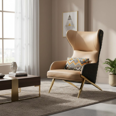 Sessel Relax Leder Lounge Club Polster  Design Couch Sofa Sitzer Luxus Beige Neu