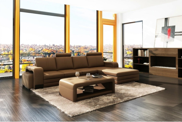 Ecksofa Sofa Garnitur 3tlg. Couch Tisch Hocker Leder Garnitur Couchen