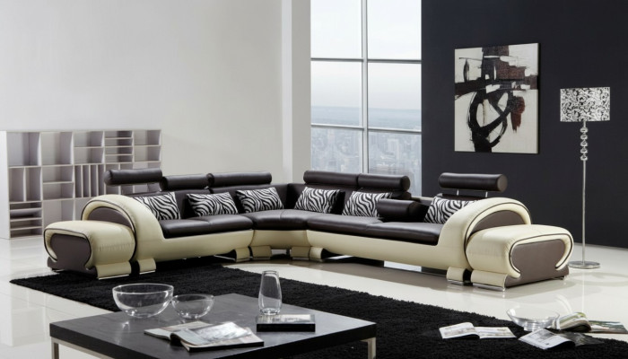 Ecksofa L-Form 2x Hocker Sofa Couch Design Grau Polster Leder Moderne