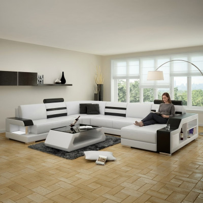 Ecksofa Wohnlandschaft U Form Sofa - Ledersofa Garnitur mit Regal Leder