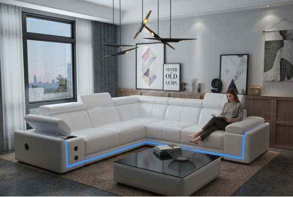 Beleuchtete Leder Ecksofa Couch L Form Sound Led Boxen Modernes