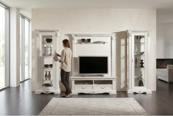 Klassische Wohn Wand Wohnzimmer Vitrine Sideboard RTV Regal Wände Schrank 4tlg. Massivholz