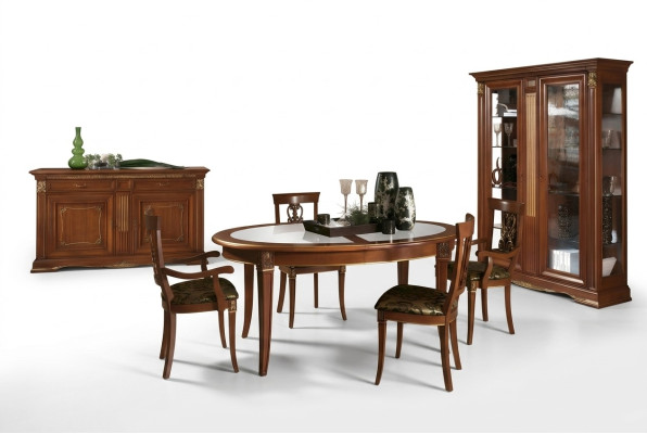 Esszimmer Garnitur Massivholz Barock Rokoko Tisch 4x Stühle Vitrine Kommode