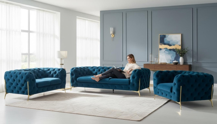Luxus Chesterfield Polster Sofagarnitur in Samt 3+2 Sitzer Couch Set Garnitur