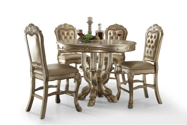 Klassischer Goldener Rund Esstisch Tisch Esszimmer Chesterfield x4 Stühle 5tlg. Garnitur 