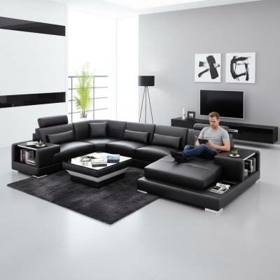 Ecksofa Wohnlandschaft Eckcouch Couchtisch Sofa U-Form Ledersofa Couch 2tlg. Neu