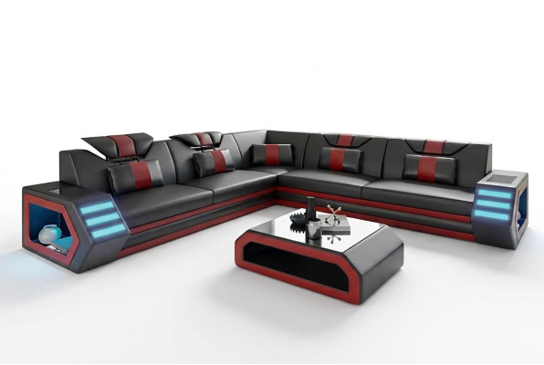 Design Wohnzimmer Eckcouch Ecksofa Möbel Lederpolster Couch Sofa L Form + Tisch