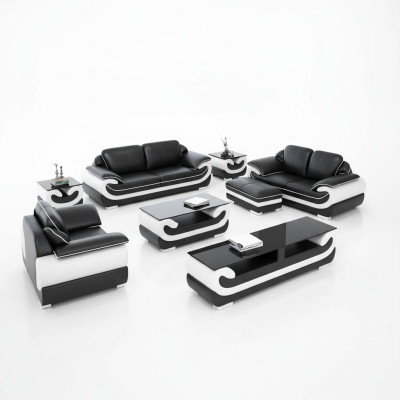 Klassische Ledersofa Garnitur Komplett Set 8 tlg. Wohnzimmer Set Tisch Hocker
