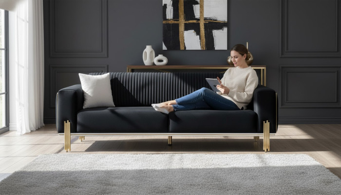 Dreisitzer Couch Möbel Samt Designer Gold Metall Gepolsterte Moderne Couchen Neu
