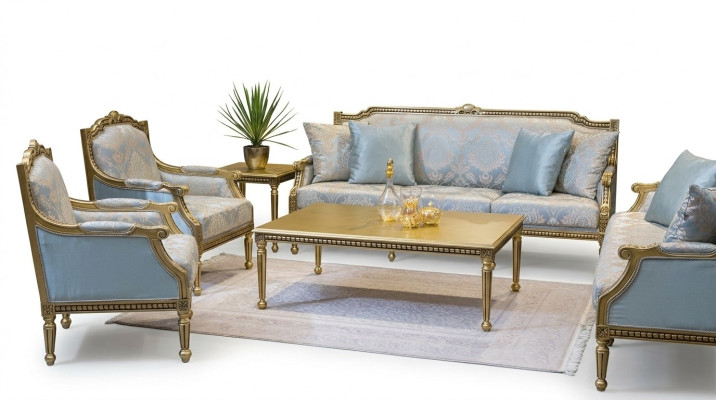 Set Sofagarnitur 3+3+1+1 Sitz Sofas Couchtisch Couchen Sofa Blau 5tlg