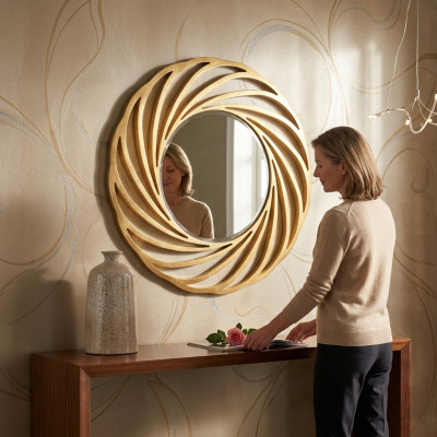 Rund Spiegel Hängespiegel Holz Modern Wandspiegel Möbel Spieglein Design 90x90