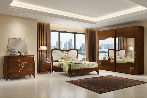 Schlafzimmer Bett Nachttisch Kleiderschrank Kommode Spiegel Neu Luxus Set 6tlg