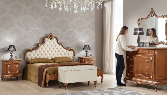 Schlafzimmer Komplettes Set Bett 2x Nachttisch Kommode Spiegel Sessel 6tlg Italy