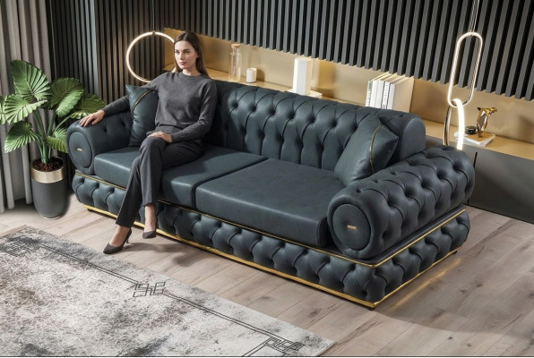 Sofa 3 Sitzer Chesterfield Polster Sofas Dreisitzer Leder Wohnzimmer Blau Möbel