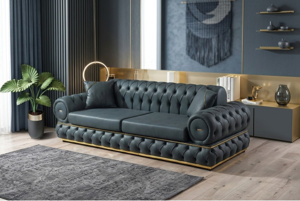 Sofa 3 Sitzer Chesterfield Polster Sofas Dreisitzer Leder Wohnzimmer Blau Möbel