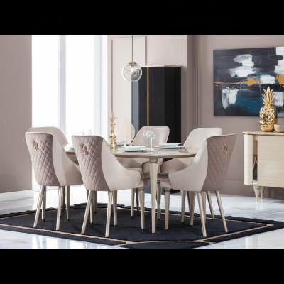 Küche Esszimmer Stühle 6x Stuhl Gruppe Stühle Garnitur Holz Möbel Textil Stoff