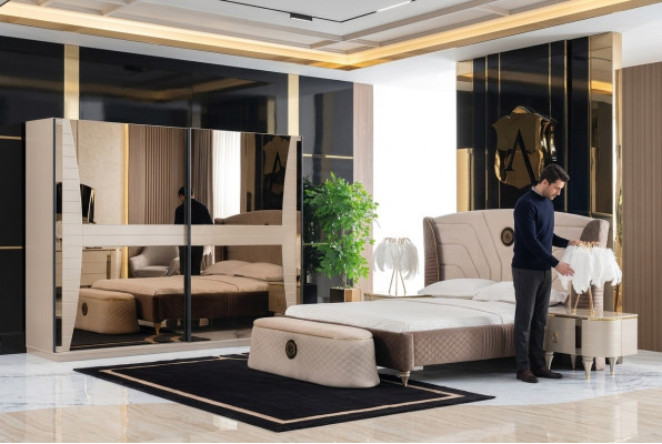 Luxus Set Schlafzimmer Bett Nachttisch Kommode Hocker Gruppe Garnitur Neu 5tlg.