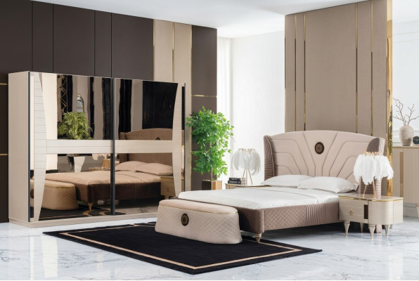 Luxus Set Schlafzimmer Bett Nachttisch Kommode Hocker Gruppe Garnitur Neu 5tlg.