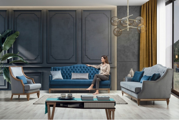Moderne Blaue Chesterfield Sofagarnitur Designer Dreisitzer Luxus Sessel