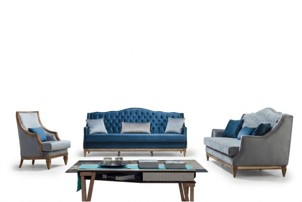 Moderne Blaue Chesterfield Sofagarnitur Designer Dreisitzer Luxus Sessel