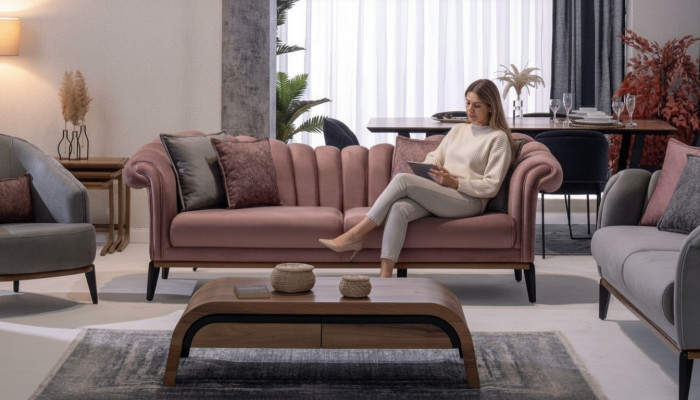Italienischer Stil 2 Sitzer Wohnzimmer Couch Sofa Polster Sitz Textil Rosa Neu