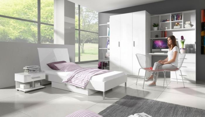 Bett + Nachttisch - Schlafzimmer Kinderzimmer Möbel Betten weiß 2tlg Set