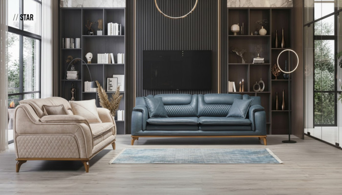 Sofagarnitur 3+3+1 Sitzer Blau Sessel Luxus Leder Sofa Couch Möbel Western Stil