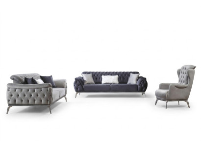 Sofagarnitur 3+3+1 Sitzer Blau Sessel Luxus Chesterfield Einrichtung