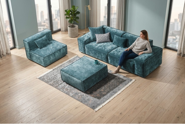 Sofagarnitur Würfel Möbel xxl 3+1 Sitzer Blau Wohnzimmer Sessel Hocker