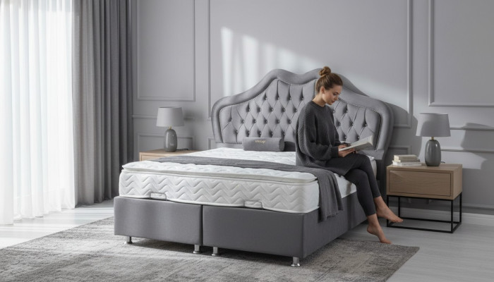 Bett Grau Doppelbett Boxspring Betten Stil Stoff Chesterfield 160x200