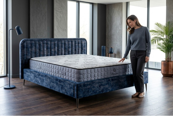Bett Blau Doppelbett Schlafzimmer Holz Möbel Design Elegantes Polster Stoff Neu