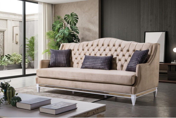 Beiger Chesterfield Dreisitzer Luxus Textilsofa Designer Stoffcouchen