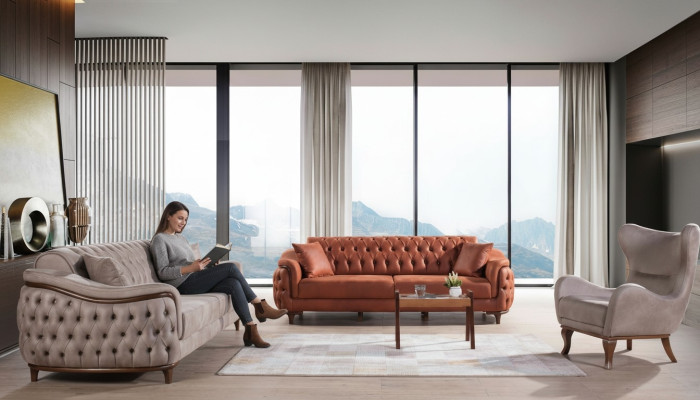 Sofas Set Sofagarnitur Komplette Garnitur Sofa Sessel Orange 3+3+1 Sitz Möbel