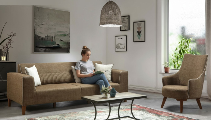 Sofagarnitur 3+1 Sitz Polster Sofa Polstergarnitur Möbel braun Stoff