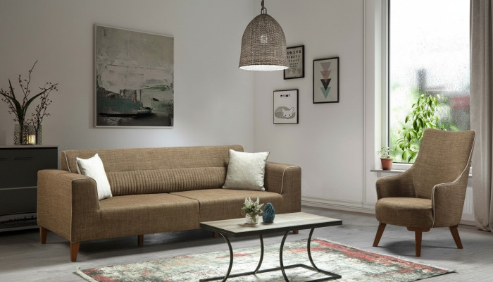 Sofagarnitur 3+1 Sitz Polster Sofa Polstergarnitur Möbel braun Stoff