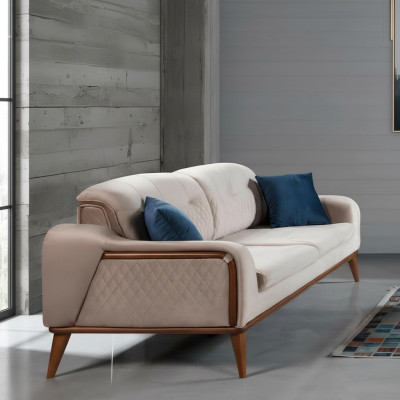 Beige Couch Wohnzimmer Dreisitzer Sitzpolster Sofa Möbel Samt Holz