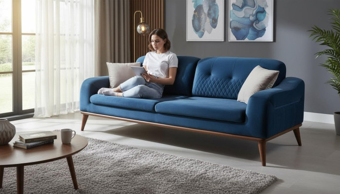 Blaue Couch Dreisitzer Sofa Wohnzimmer Sitzpolster Möbel Samt Holz