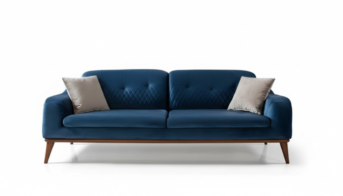 Blaue Couch Dreisitzer Sofa Wohnzimmer Sitzpolster Möbel Samt Holz