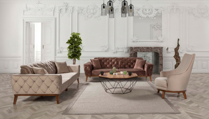Sofagarnitur Sofa 3+3+1 Sitz Braun Sessel Stoff Chesterfield Samt