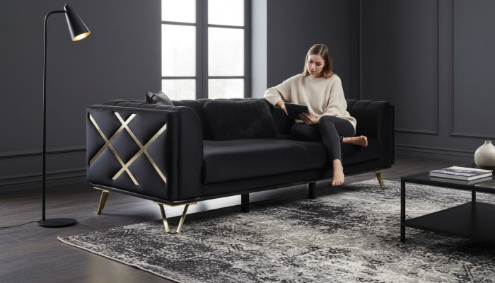 Luxus Sofa 3Sitz Couchen Dreisitzer Textil Möbel Schwarze Samt