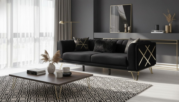 Luxus Sofa 3Sitz Couchen Dreisitzer Textil Möbel Schwarze Samt