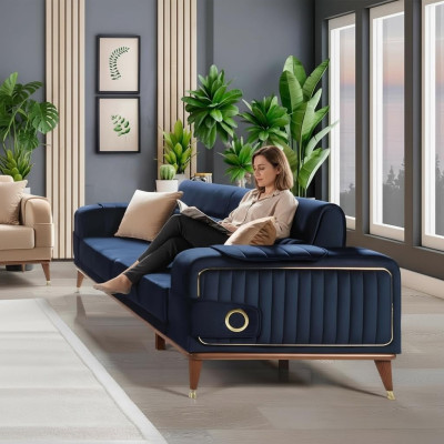 Luxus Blaue Couch Dreisitzer Design Sofas Möble Stoff Textil Samt