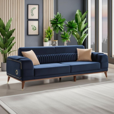 Luxus Blaue Couch Dreisitzer Design Sofas Möble Stoff Textil Samt