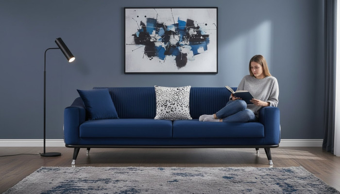 Blaue Design Couch Dreisitzer Luxus Sofa Samt Möble Stoff Textil